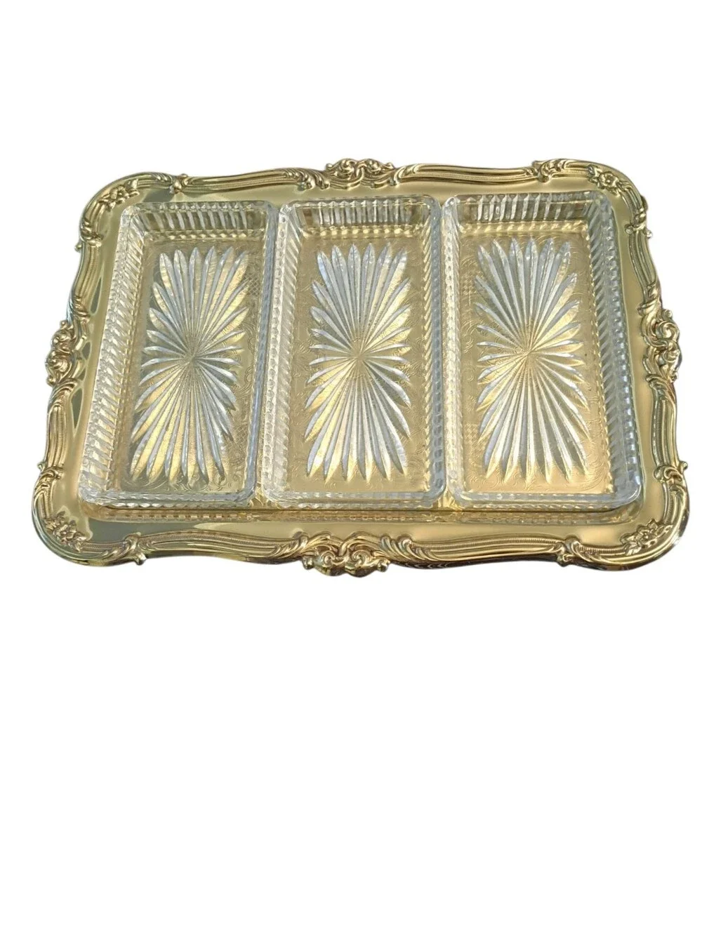 Vintage Copper Craft Brass Relish Tray With Starburst Crystal Inserts EUC